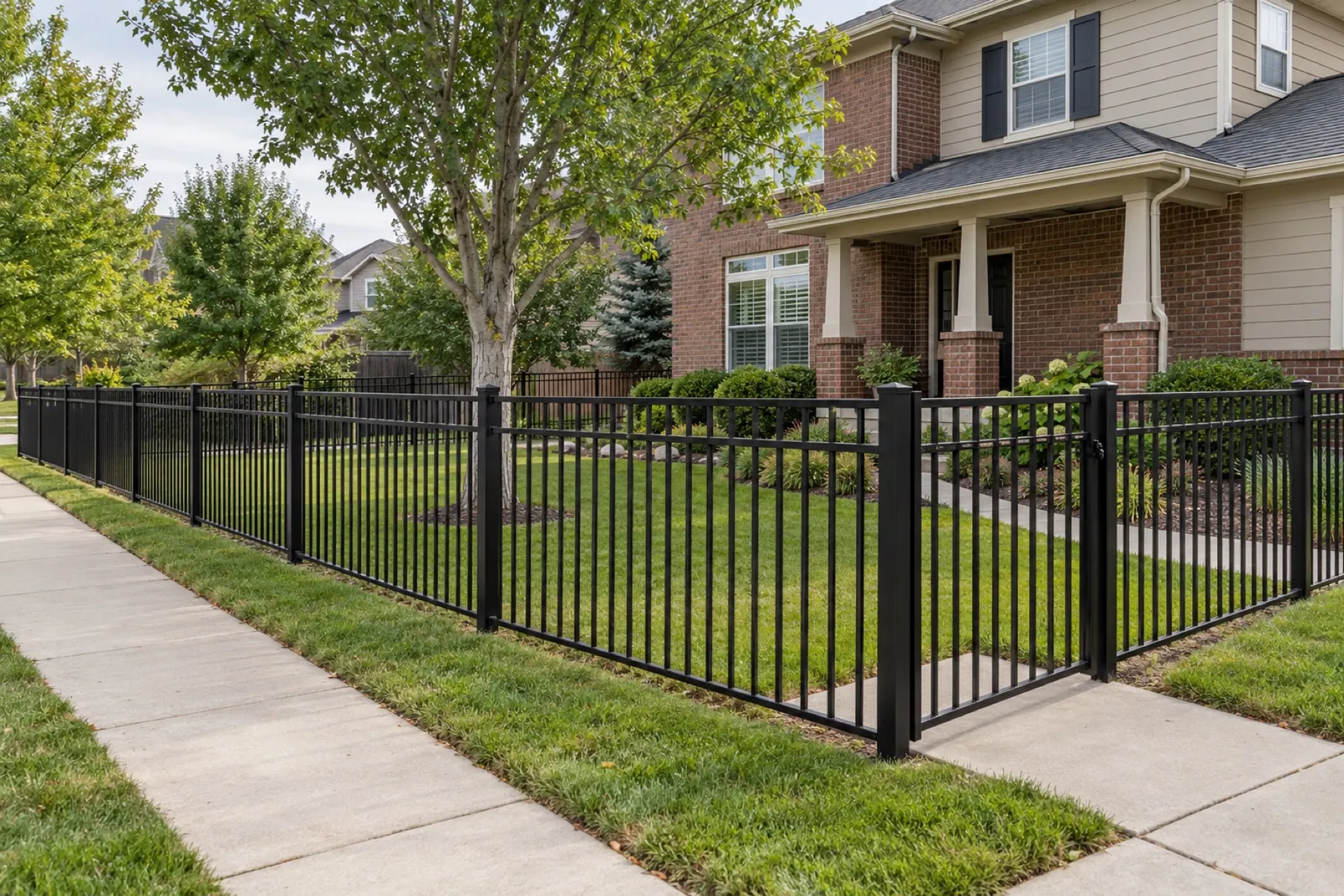 Black ornamental aluminum fence and matching gate at a Louisville corner home.