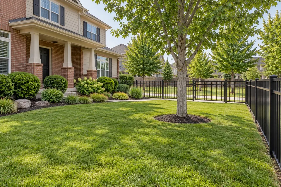 Louisville side yard framed by an open black aluminum fence.