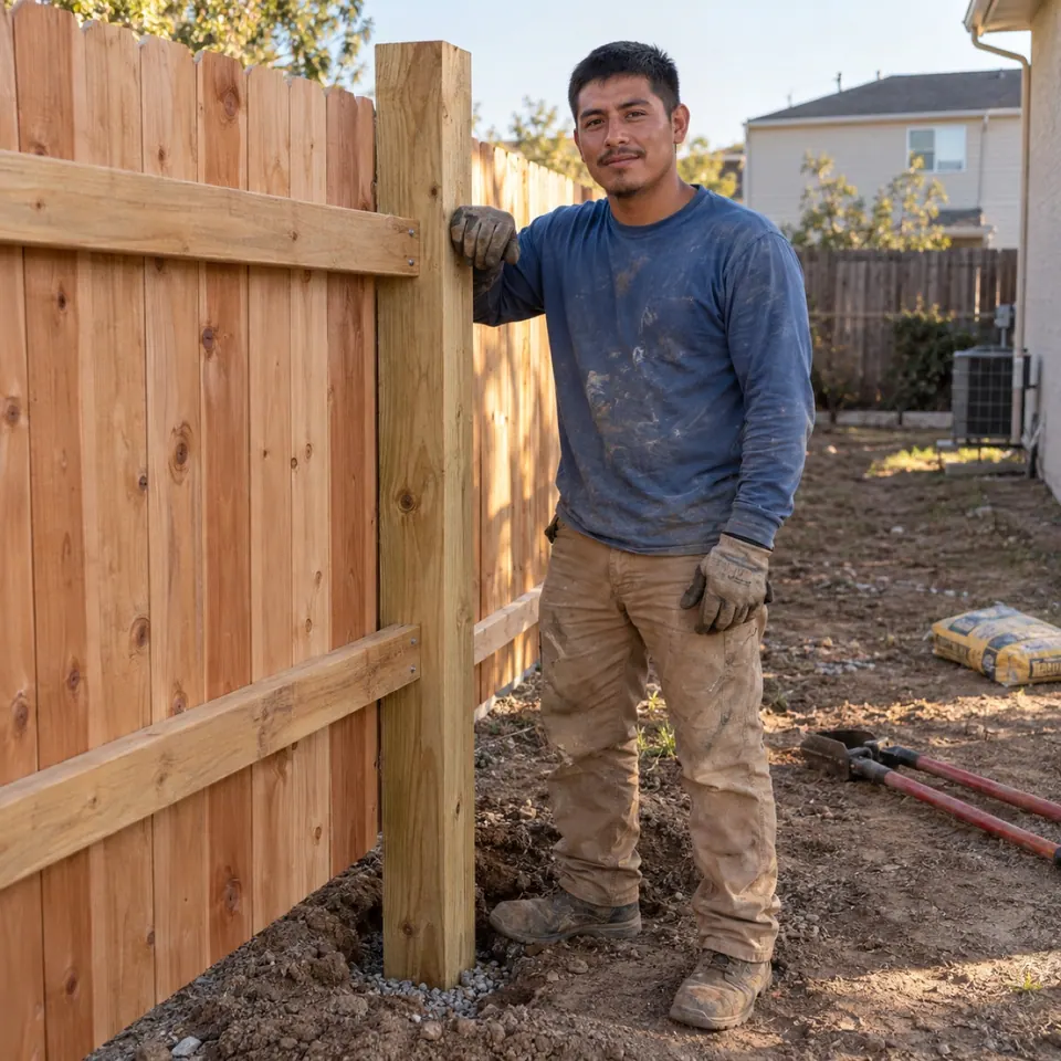 Luis Ramirez beside a cedar privacy fence installation