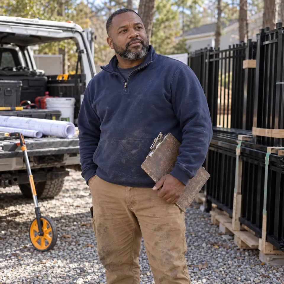 Marcus Reed reviewing a fence project beside a work truck