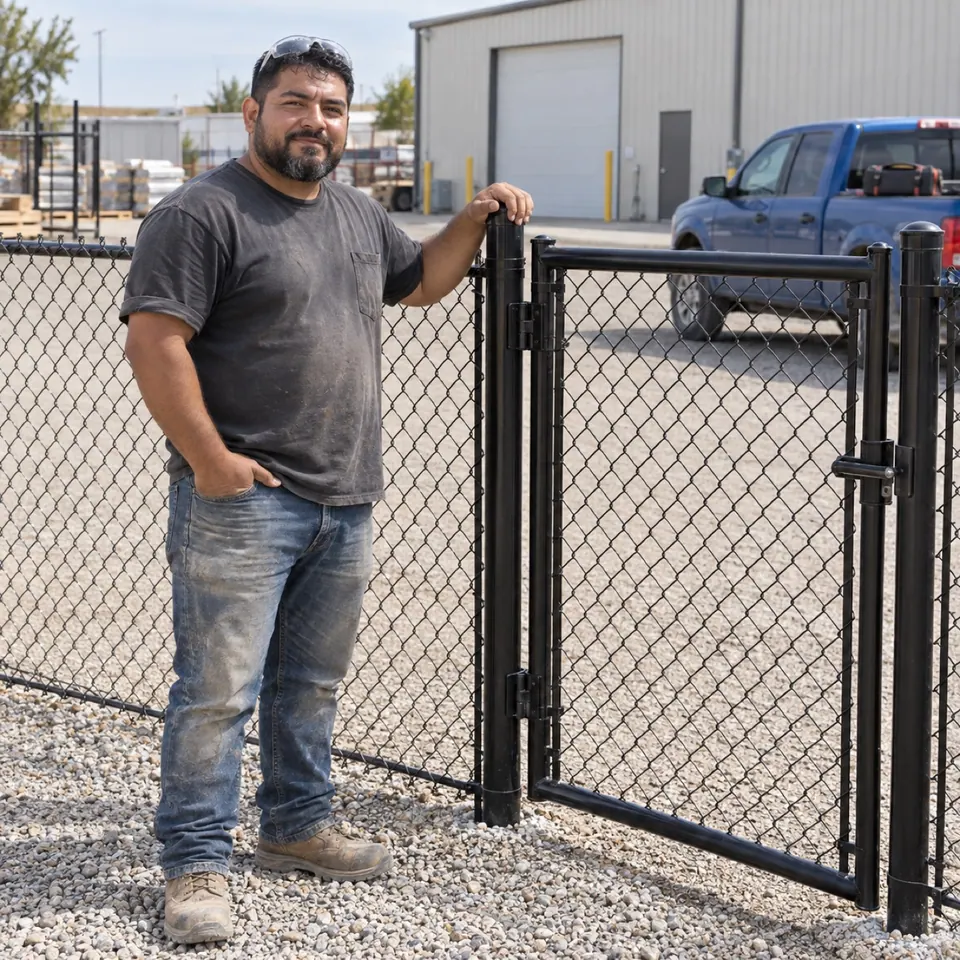 Miguel Alvarez beside a commercial chain-link gate