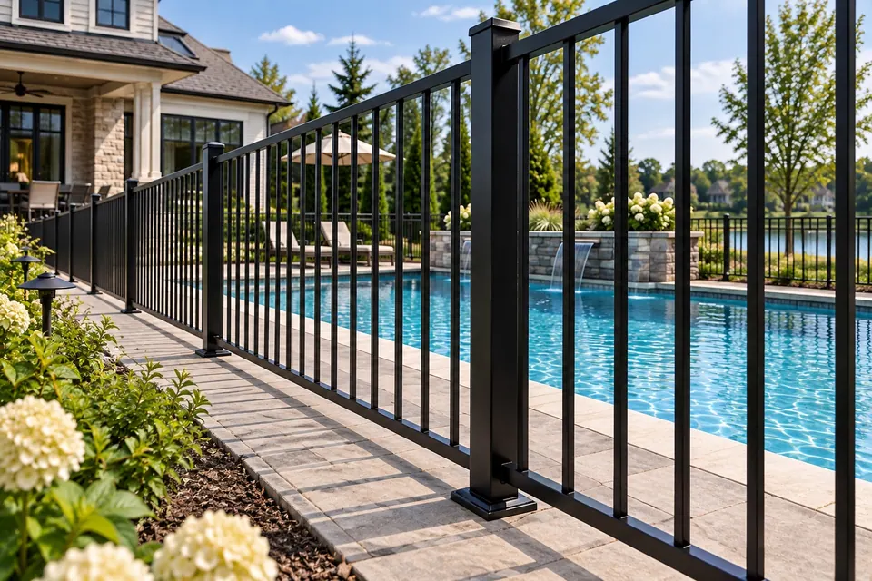 Low-angle view along a black aluminum pool fence beside a Boulder backyard pool.