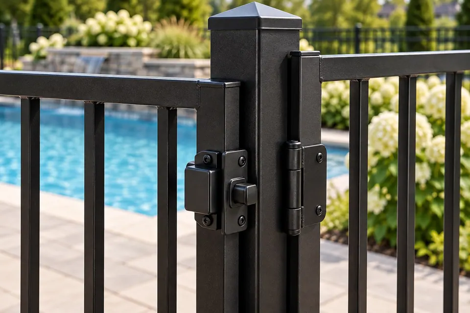 Close-up of the latch and hinges on a black aluminum pool-fence gate in Boulder.