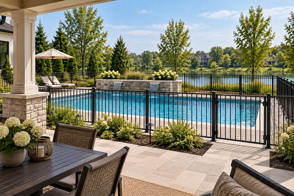 Black aluminum pool fence preserving open views across a landscaped Boulder backyard.