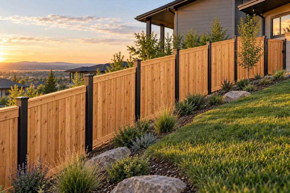 Low view along a stepped cedar fence on a sloped Superior property.