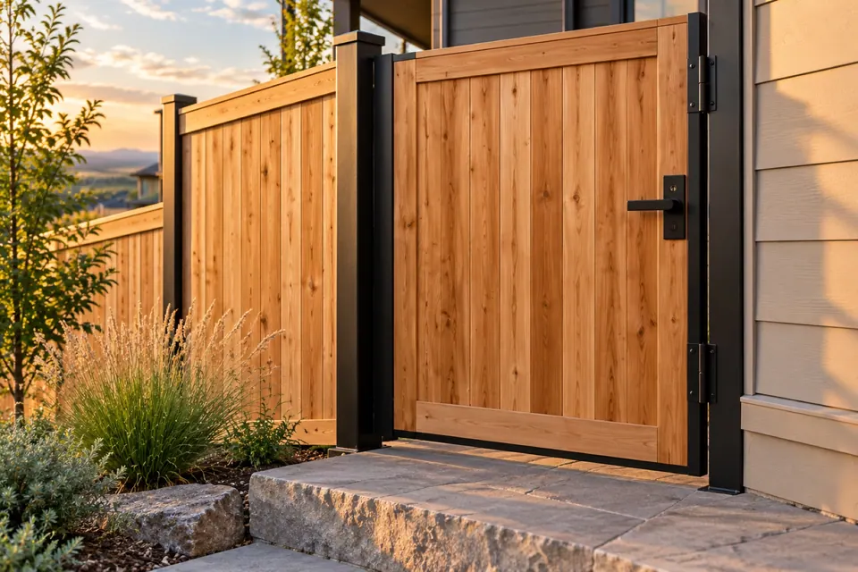 Matching cedar gate with black hardware beside stone steps in Superior.