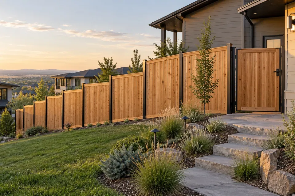 Stepped cedar privacy fence with black steel posts on a Superior slope.