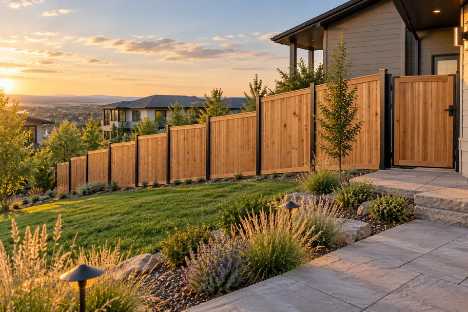 Superior patio and native landscaping framed by a stepped cedar fence.