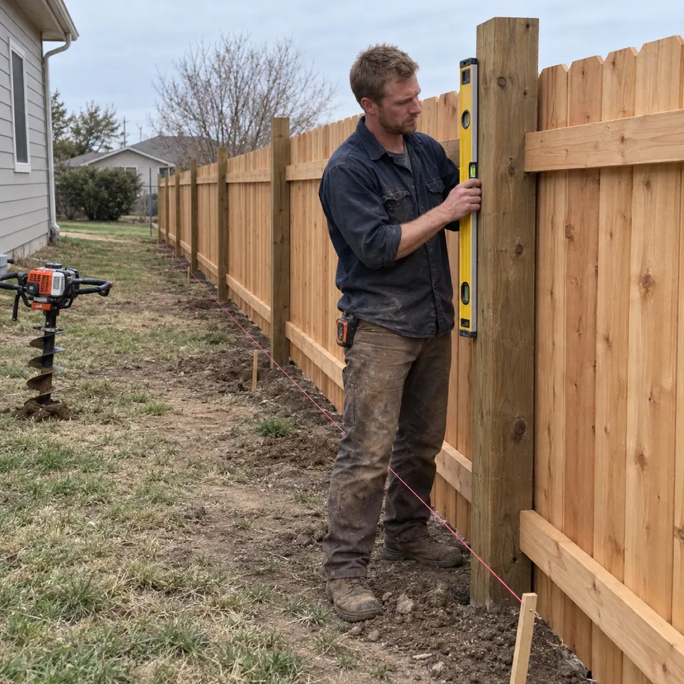 Tom Keller checking a cedar fence post for plumb