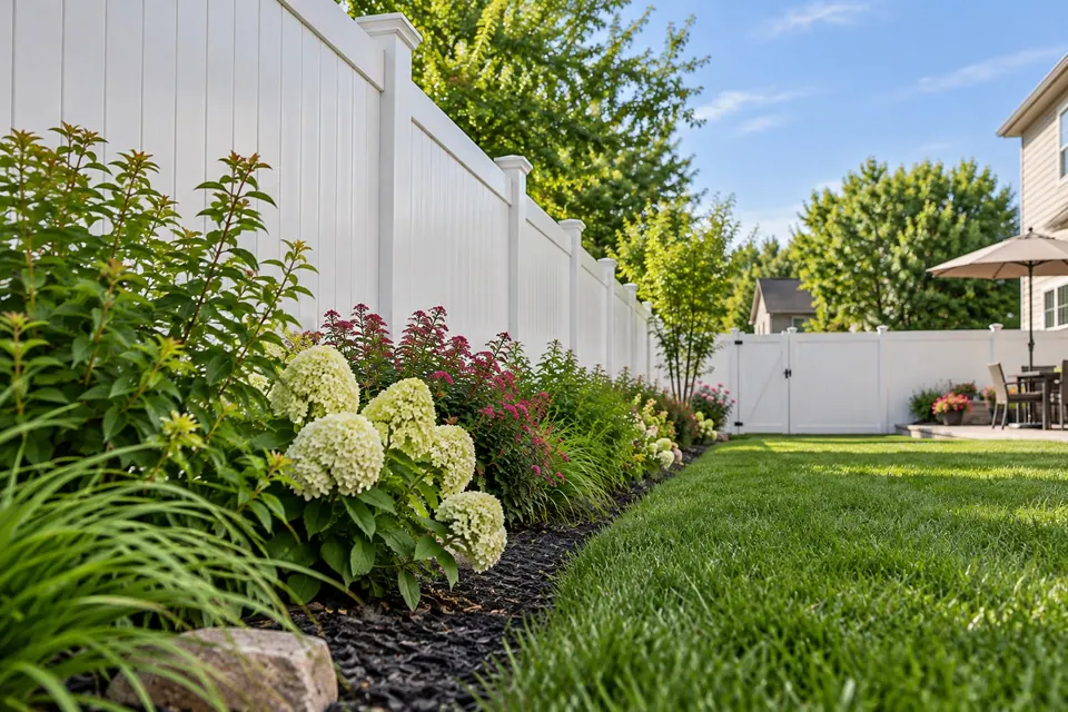 Low-angle view along a white vinyl privacy fence and flowering garden bed in Boulder.