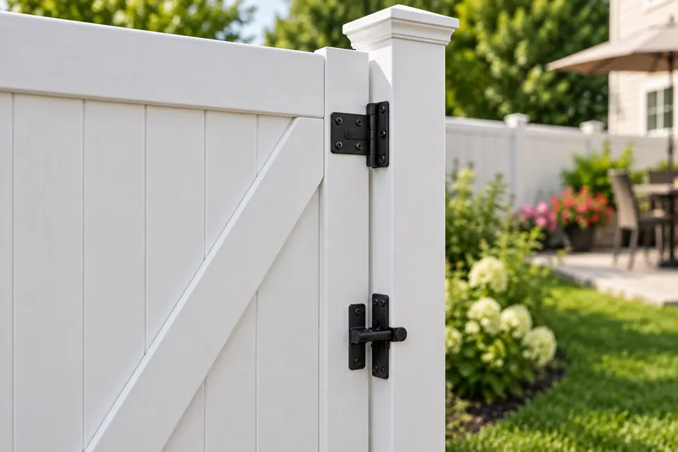 Close-up of black gate hardware on a white vinyl privacy fence in Boulder.