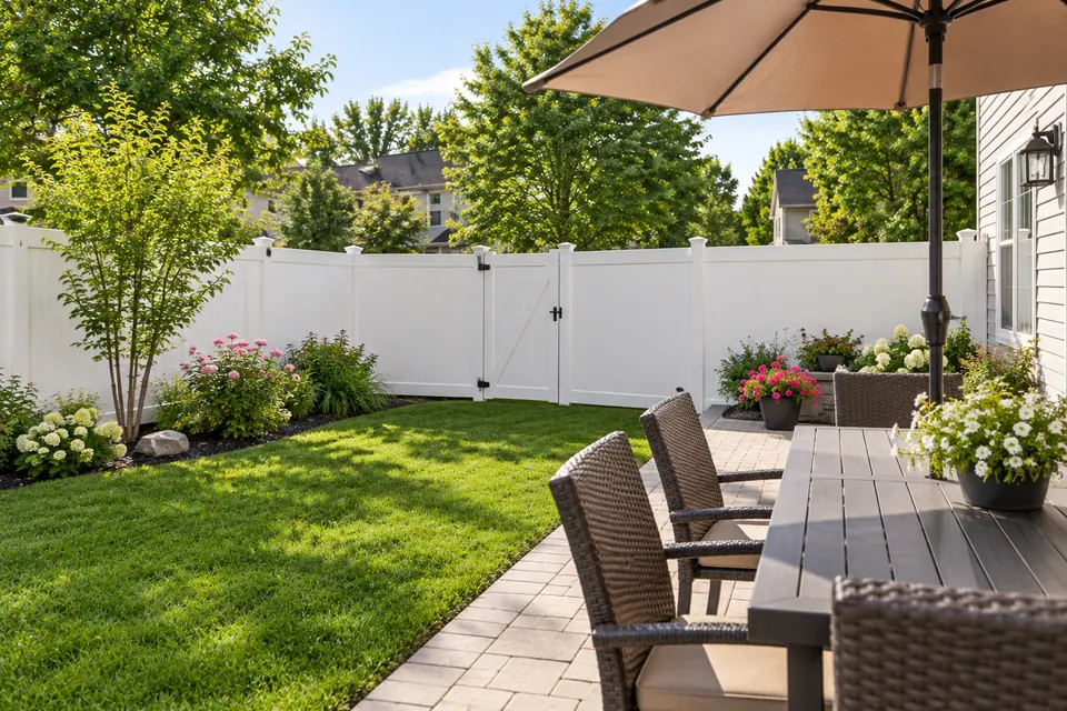 White vinyl privacy fence and gate enclosing a landscaped Boulder family yard.