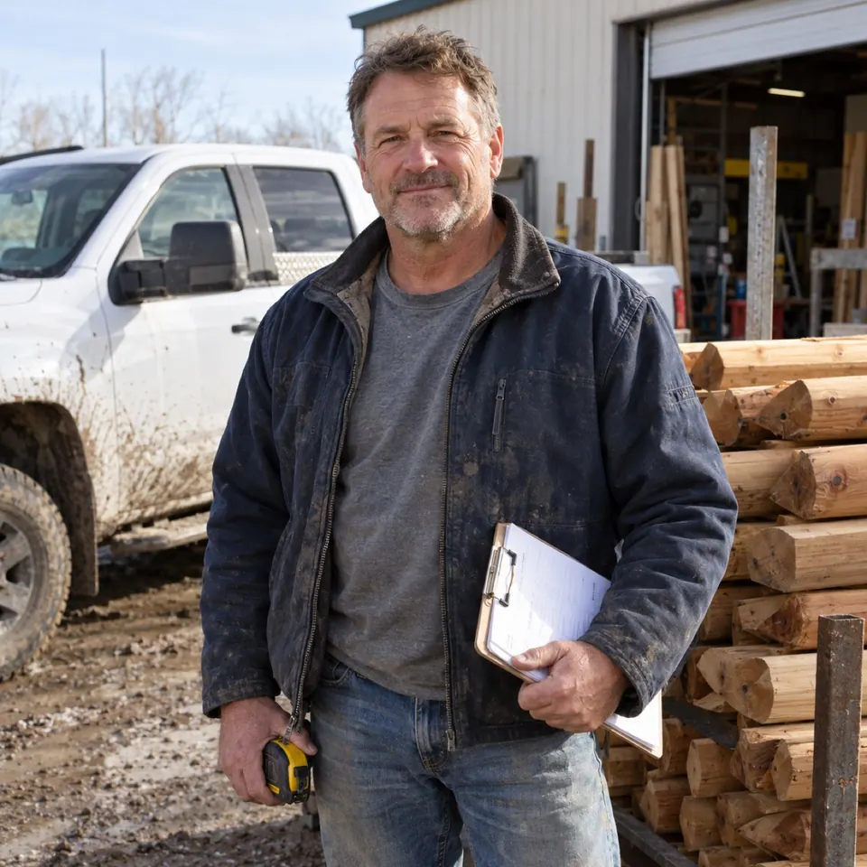 Wade Bennett outside the Blue Squirrel shop beside a work pickup