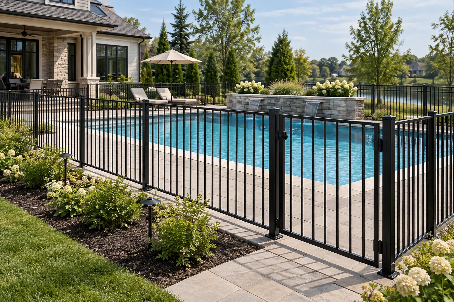 Illustrative black aluminum safety fence surrounding a residential pool.