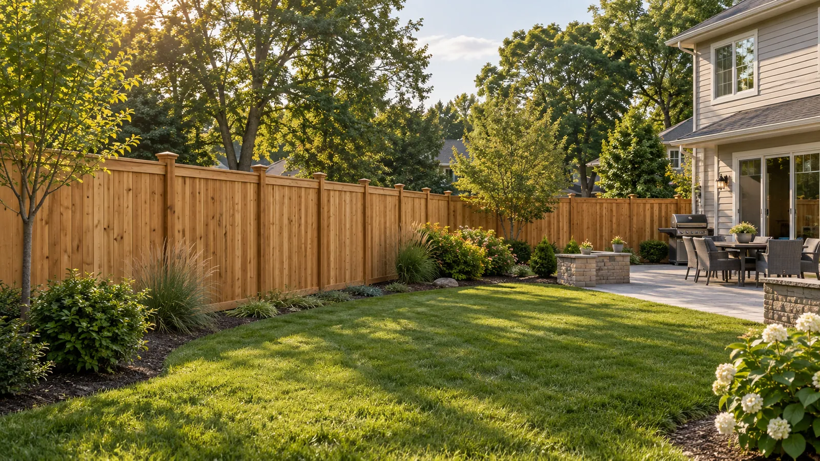 Illustrative cedar privacy fence surrounding a landscaped backyard.