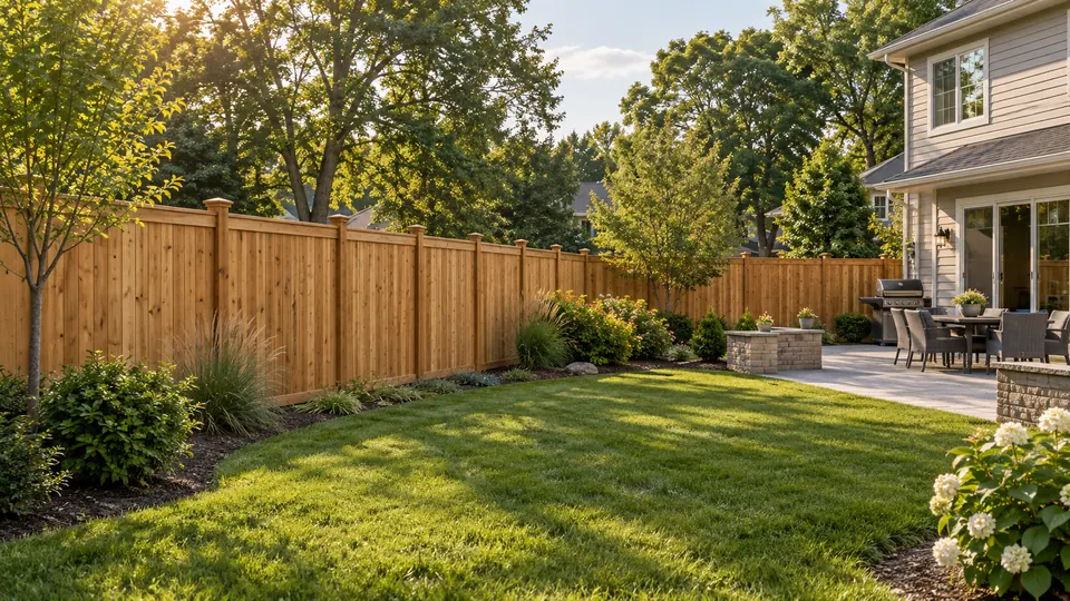 Illustrative cedar privacy fence surrounding a landscaped backyard.