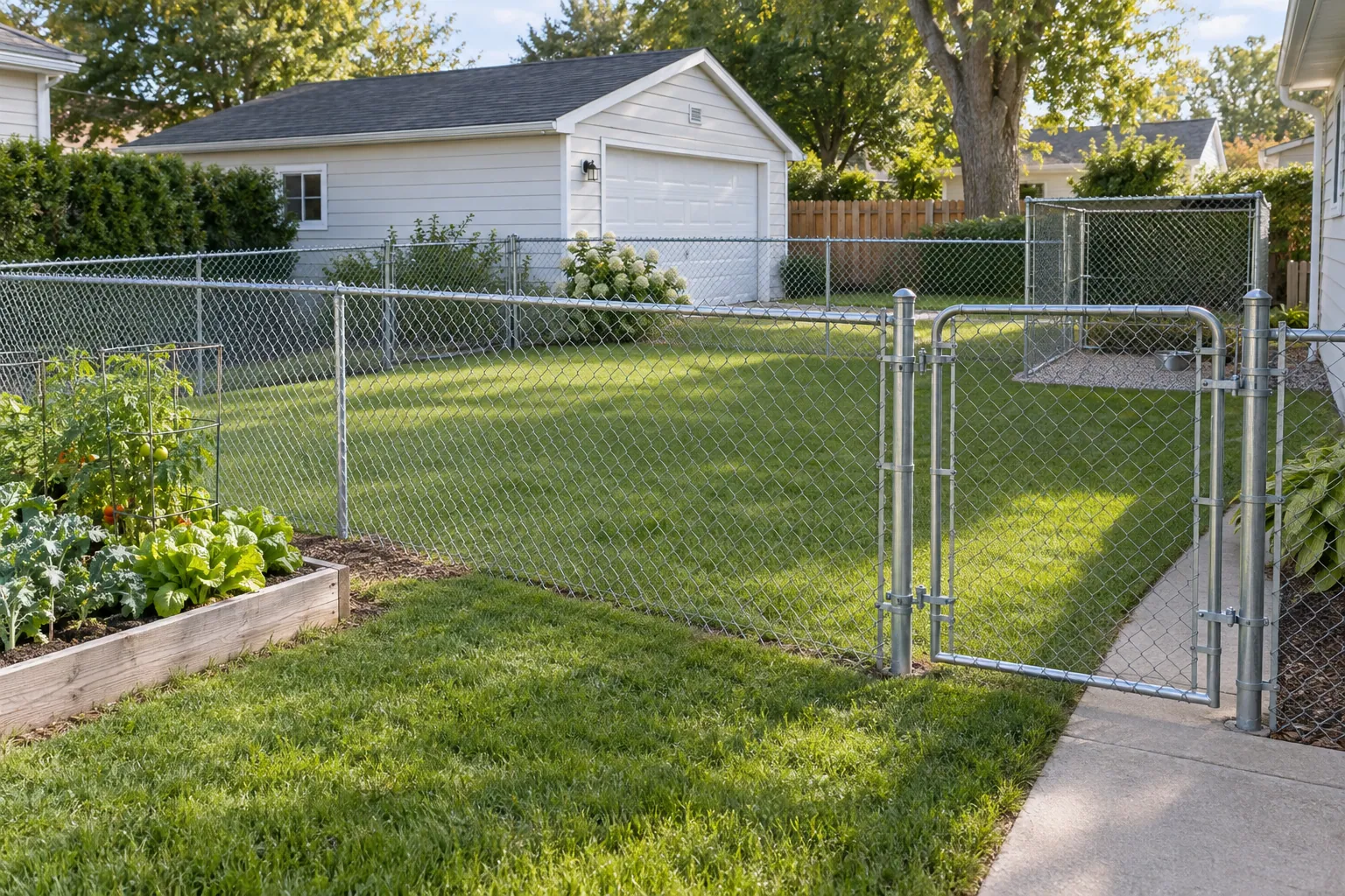 Illustrative galvanized chain-link fence around a practical backyard.