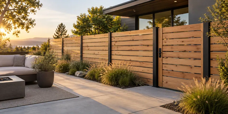 Illustrative horizontal cedar privacy fence framing a modern patio.