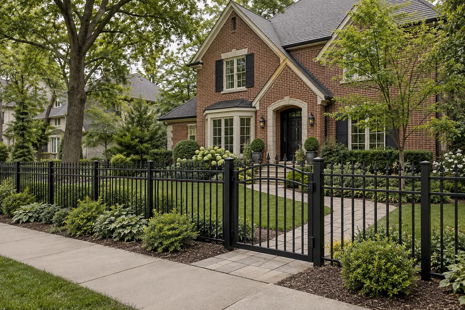 Illustrative black ornamental metal fence along a residential front yard.