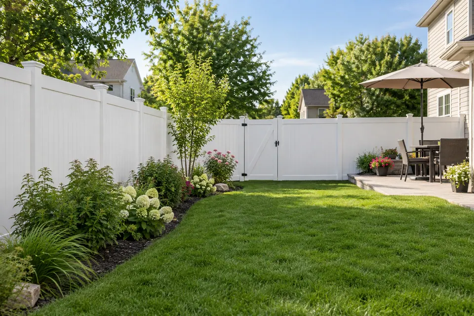 Illustrative white vinyl privacy fence enclosing a residential backyard.